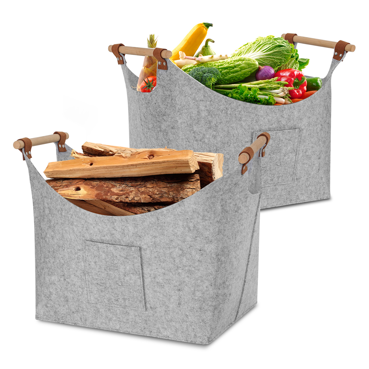 Tolletour 2er-set Filzkorb Mit Holzgriffen Für Kaminholz, Faltbar, Ca. 57 L, 45 X 40 X 32 Cm, 5 Mm, Hellgrau