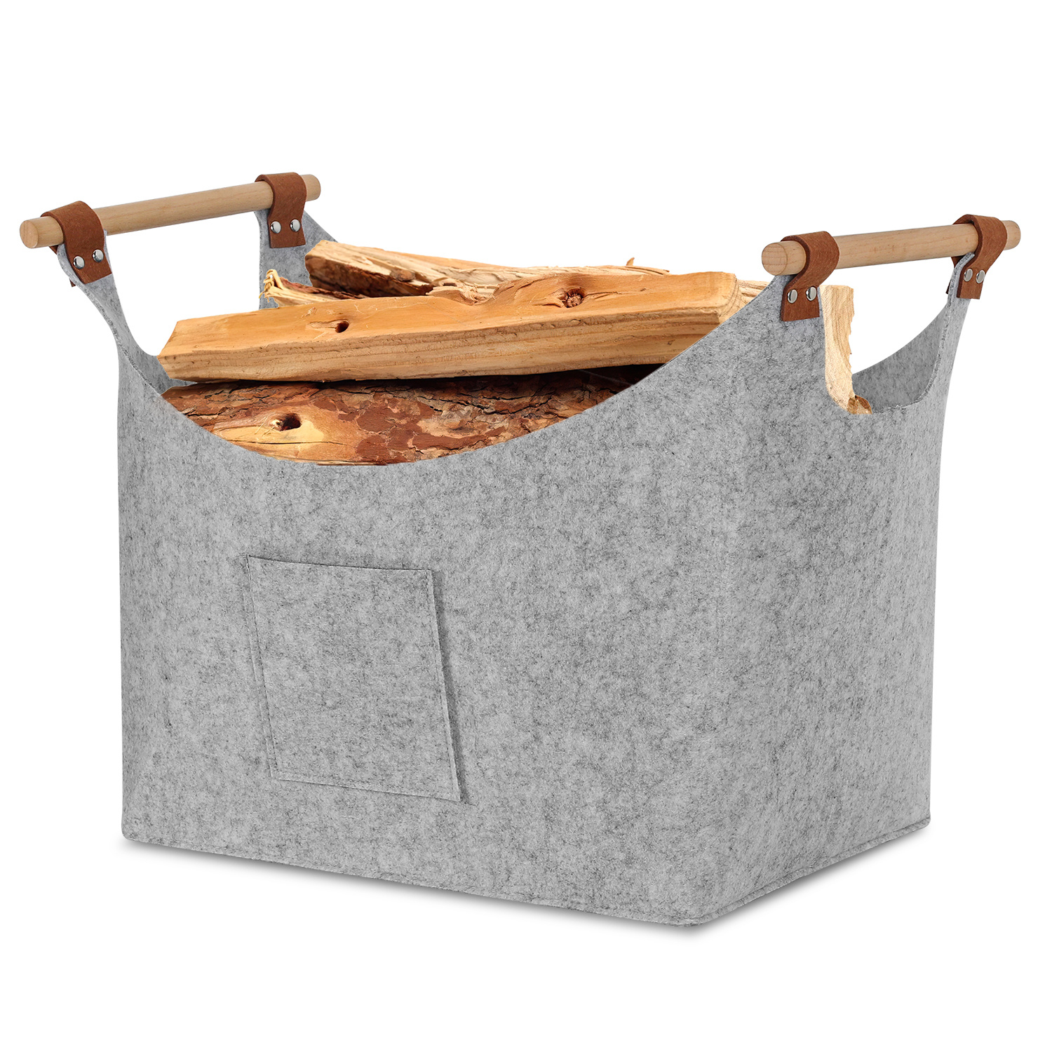 Tolletour Filzkorb Mit Holzgriffen Für Kaminholz, Faltbar, Ca. 57 L, 45 X 40 X 32 Cm, 3 Mm, Hellgrau