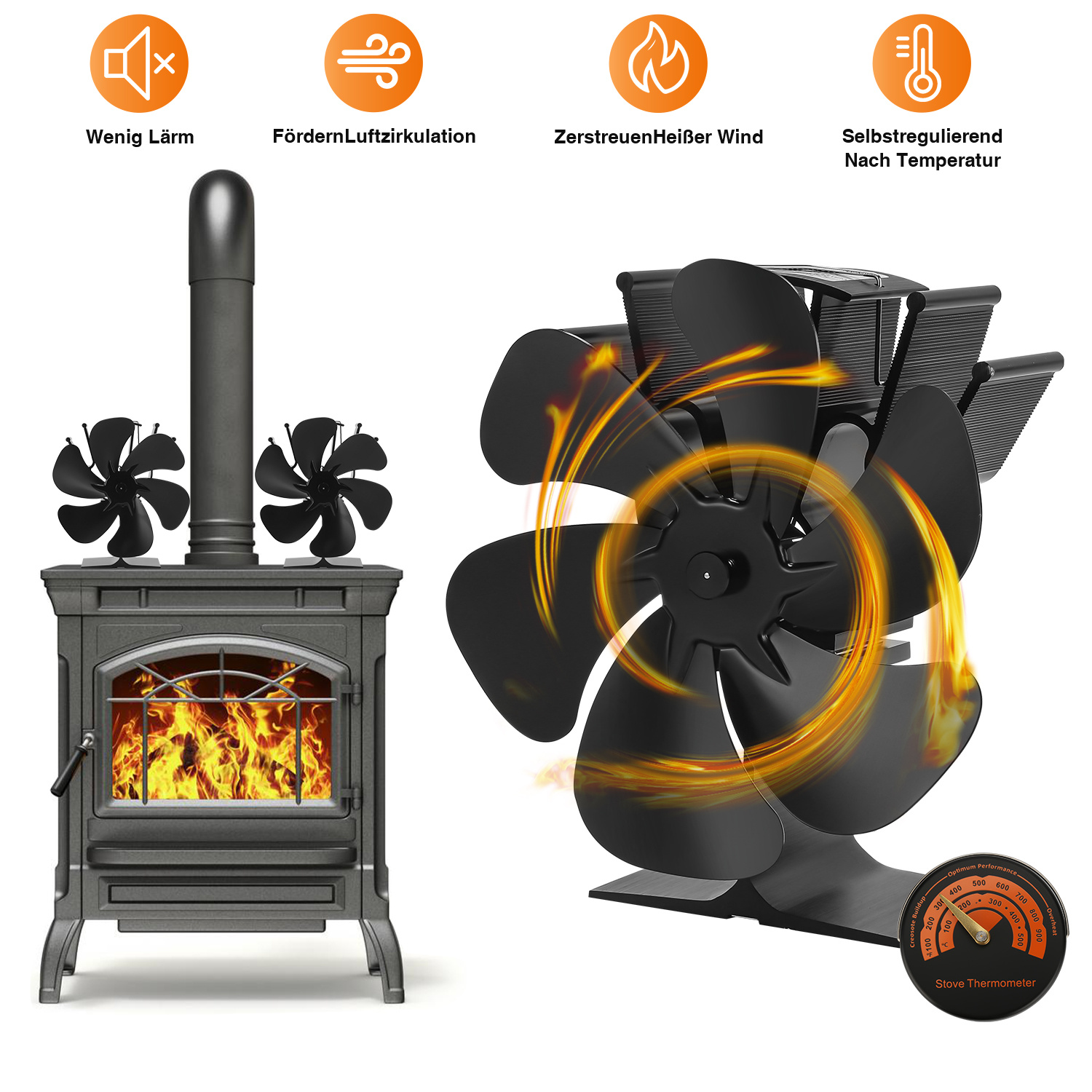 Tolletour Kaminventilator Ofenventilator Lärmminderung Herd 6 Blatt Ventilator Schwenkbar