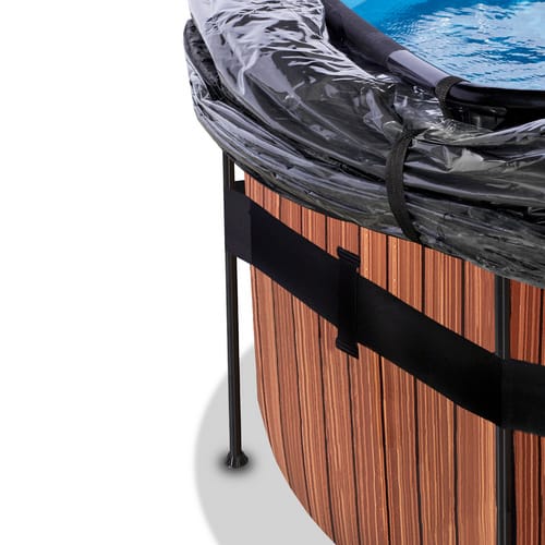 EXIT Wood Pool Braun Ø450x122cm m. Sandfilterpumpe u. Abdeckung u. Wärmepumpe