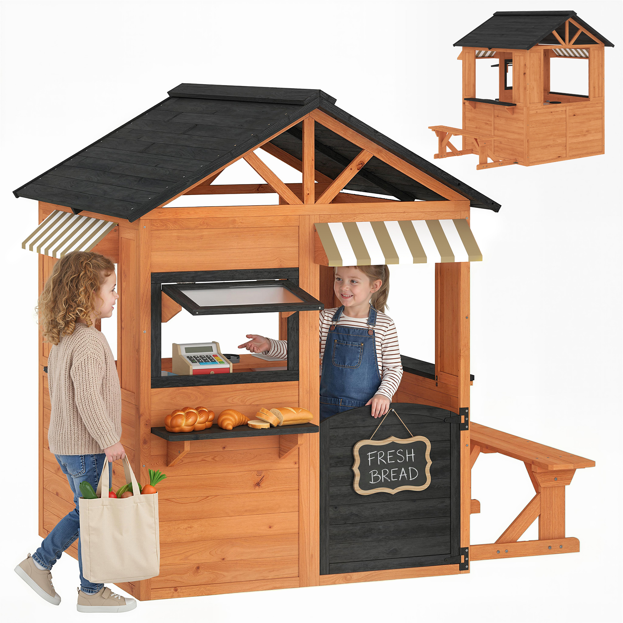 Kinderspielhaus Holz Spielhaus Outdoor Mit Küche Bank Verkaufstheke Fenster Tür Für 3-8 Jahre 171,5 X 146 X 156 Cm Braun