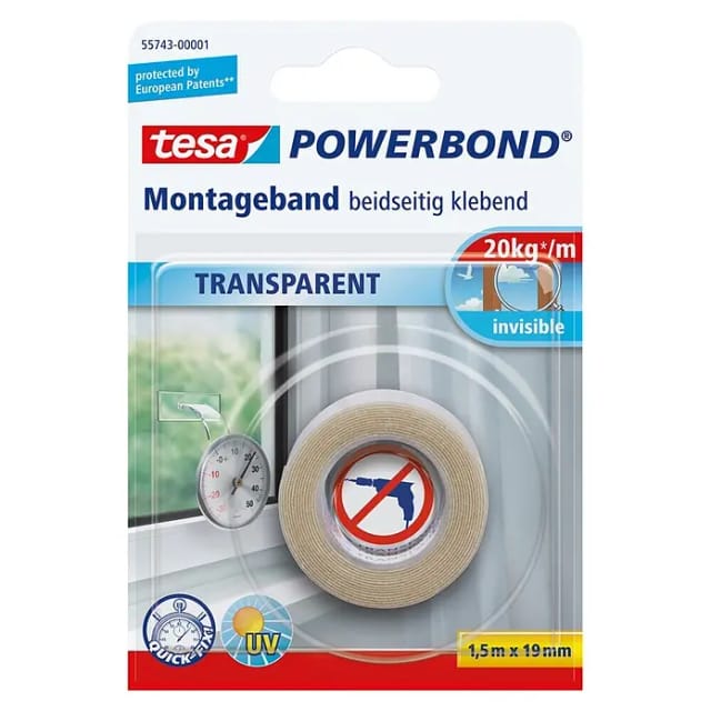 Tesa Powerbond Montageband Transparent 1,5 m x 19 mm