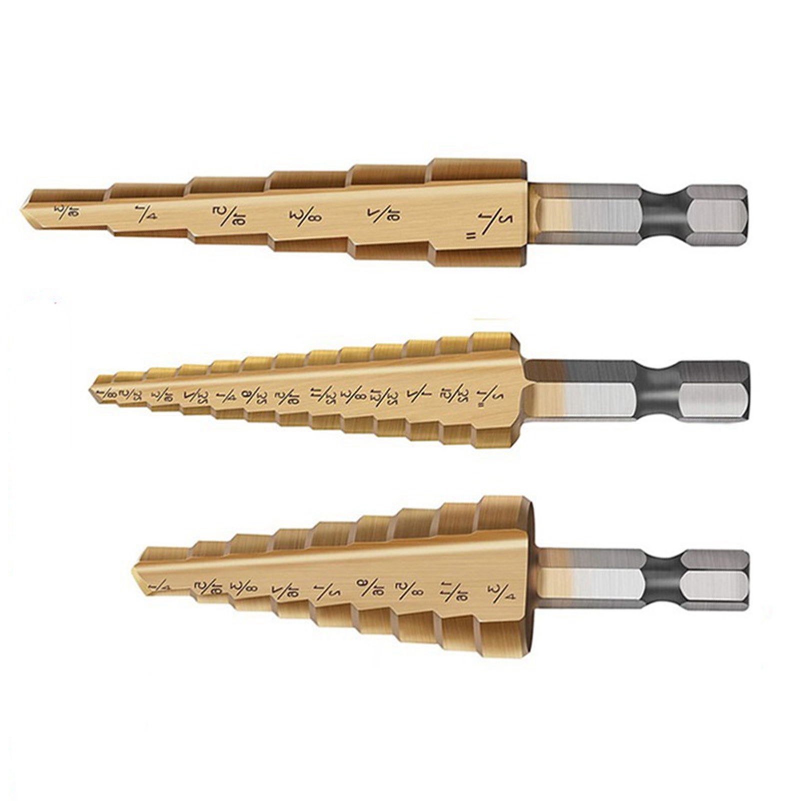 3-teiliges Stufenbohrer-set (zoll, Hss, Ti-beschichtet, Sechskantschaft, Nut) Mit Stoffbeutel (britisches System)