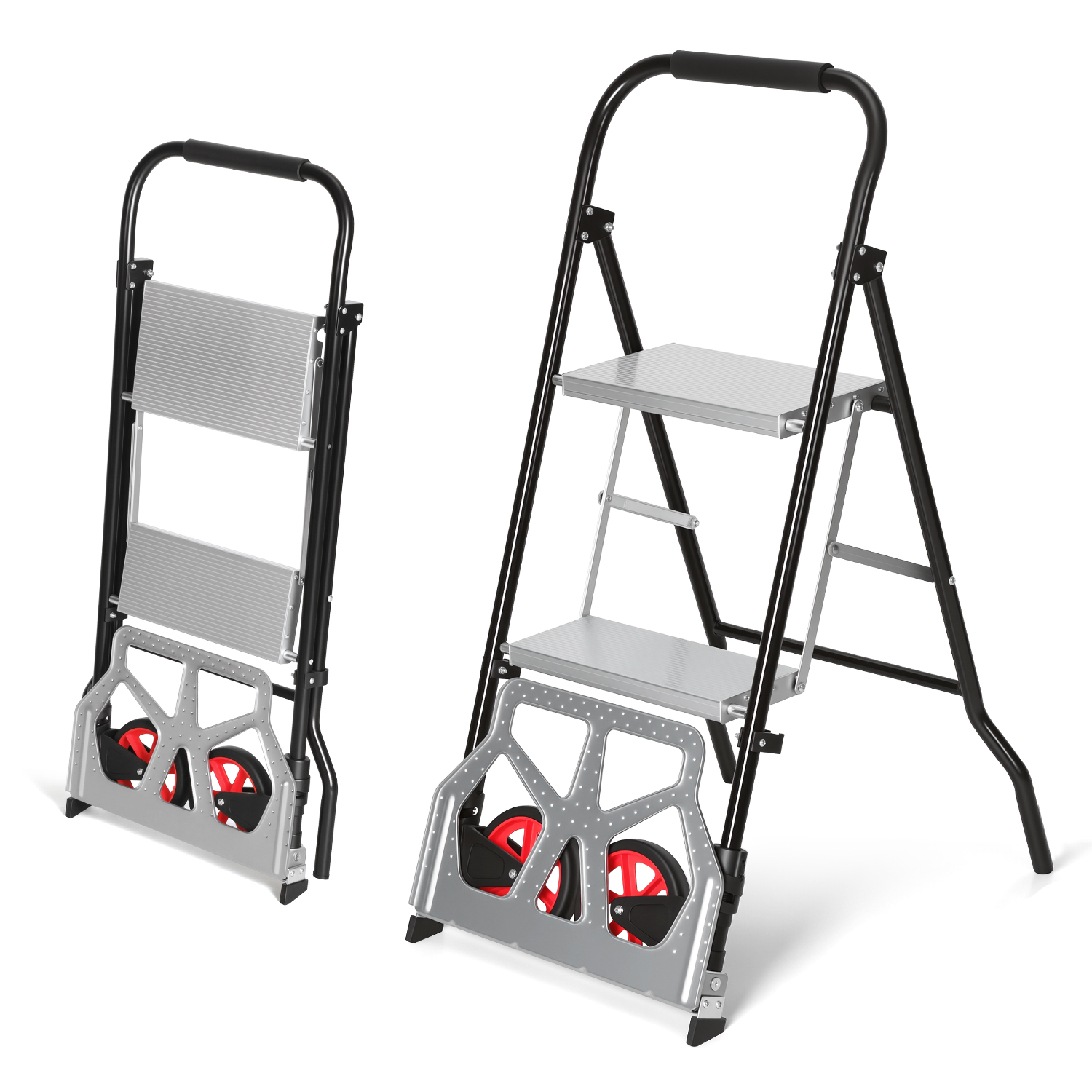 Jiubiaz Treppensackkarre 2 In 1 Mit 2-stufiger Klappleiter, Faltbare Sackkarre Mit Rollen, 80 Kg Wagenlast, 150 Kg Leiterlast