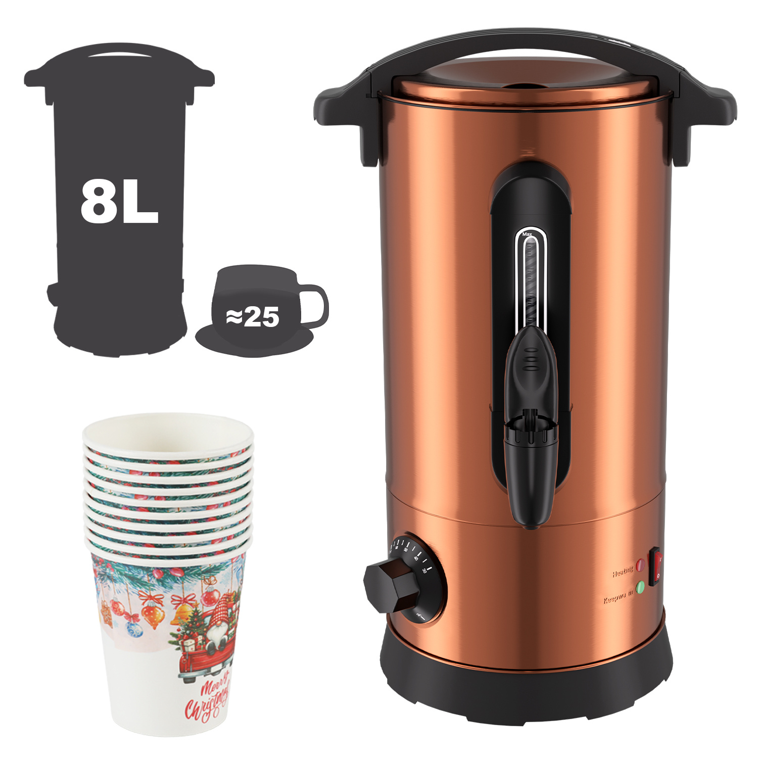 Jiubiaz Glühweinkocher 8 L Kupferfarben, 1500 W, 30–100 °c, Zapfhahn Und 10 Pappbecher