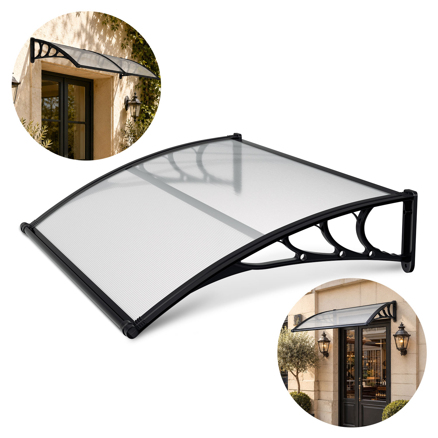 Jiubiaz Vordach Haustür Mit Regenrinne 150 X 100 Cm, Türüberdachung Aus Polycarbonat, Schwarz/transparent, Regenschutz Für Eingang
