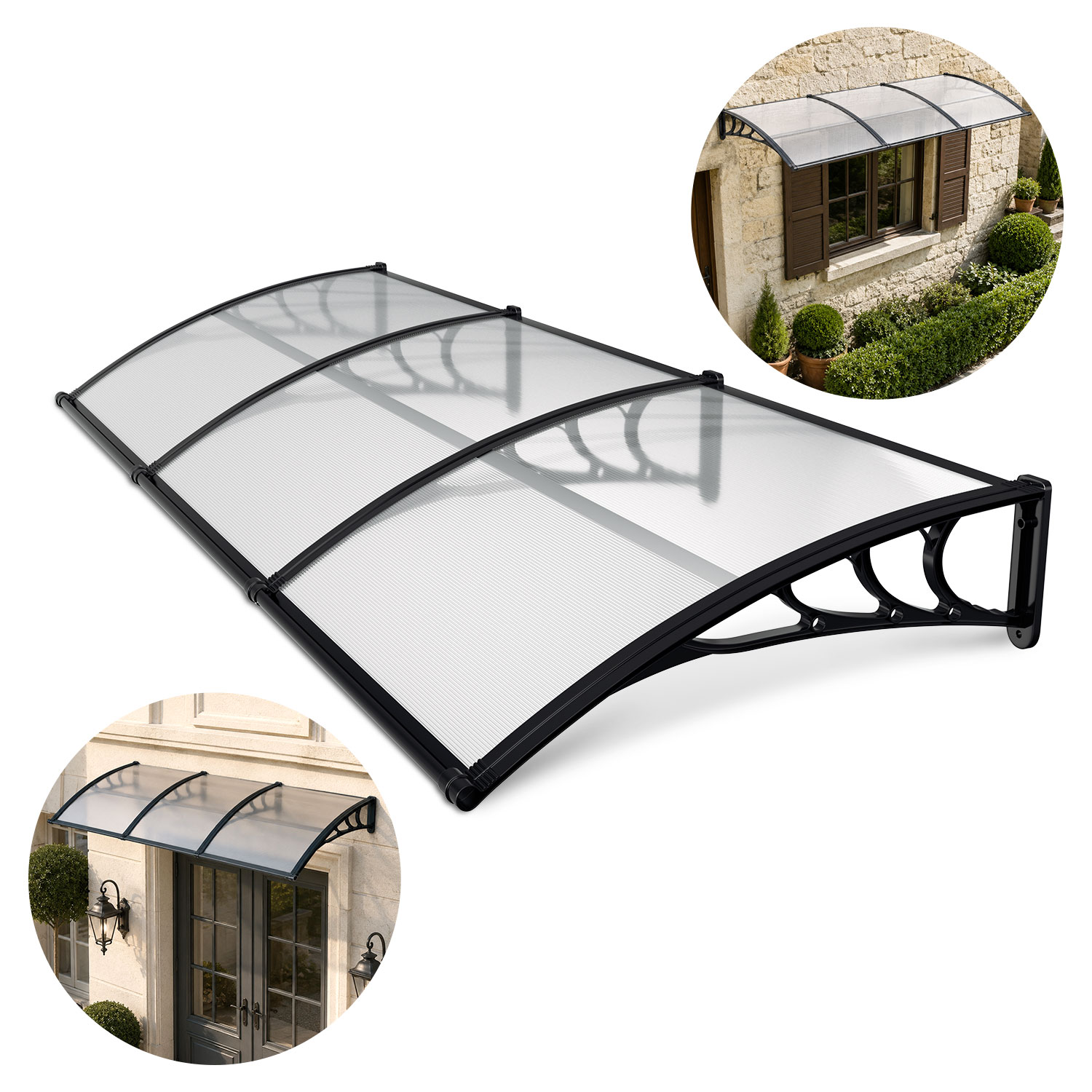 Jiubiaz Vordach Haustür Mit Regenrinne 300 X 100 Cm, Türüberdachung Aus Polycarbonat, Schwarz/transparent, Regenschutz Für Eingang