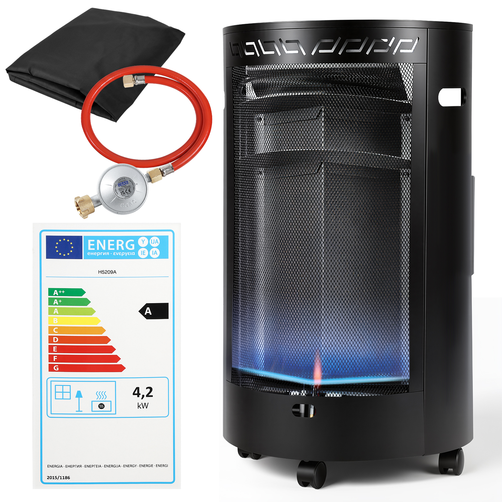 Jiubiaz Mobile Gasheizung Blue Flame, 1600 W/4200 W, Druckregler & Schlauch, 4 Lenkrollen