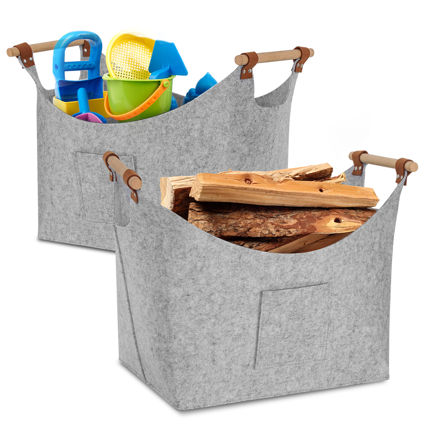 Jiubiaz 2er-set Filzkorb Mit Holzgriffen Für Kaminholz, Faltbar, Ca. 57 L, 45 X 40 X 32 Cm, 3 Mm, Hellgrau