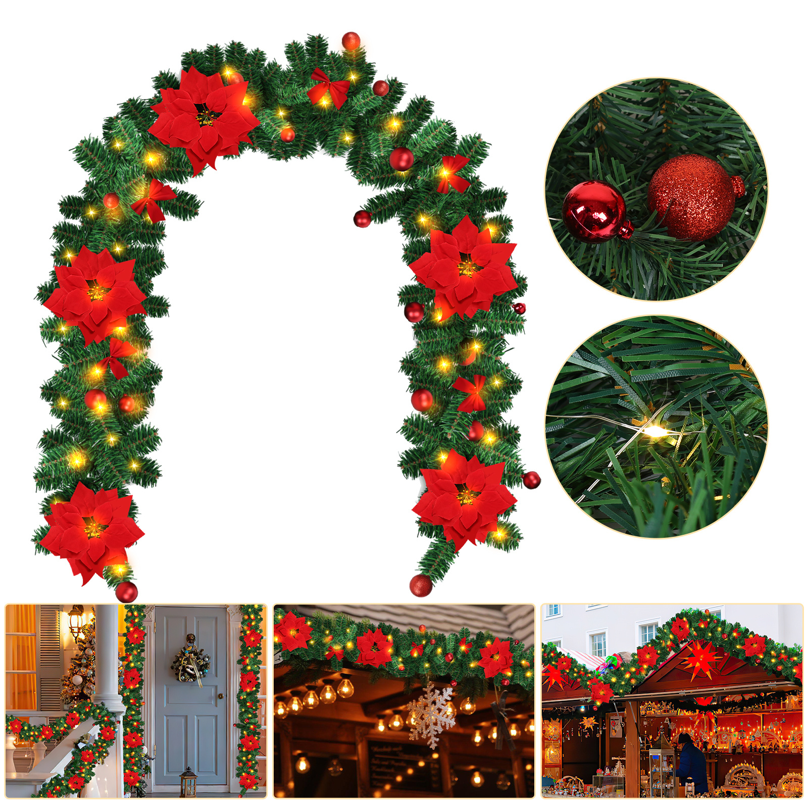Jiubiaz Led Weihnachtsgirlande 2,7 M, 50 Led Warmweiß, Batteriebox, Rote Weihnachtsdeko