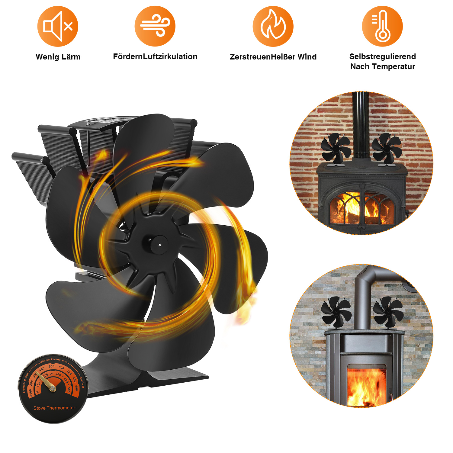 Jiubiaz Kaminventilator Ofenventilator Lärmminderung Herd 6 Blatt Ventilator Schwenkbar