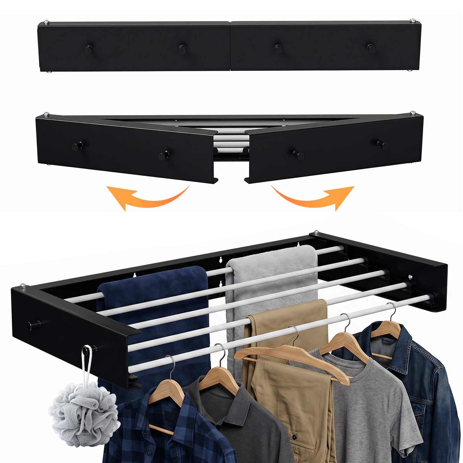 Jiubiaz Wandtrockner Klappbar 80 Cm, Wand-wäscheständer Für Balkon, Terrasse & Innenbereich, Rostbeständige Beschichtung, Wetterfester Wandtrockner 5 Stangen, 25 Kg Tragkraft, Schwarz