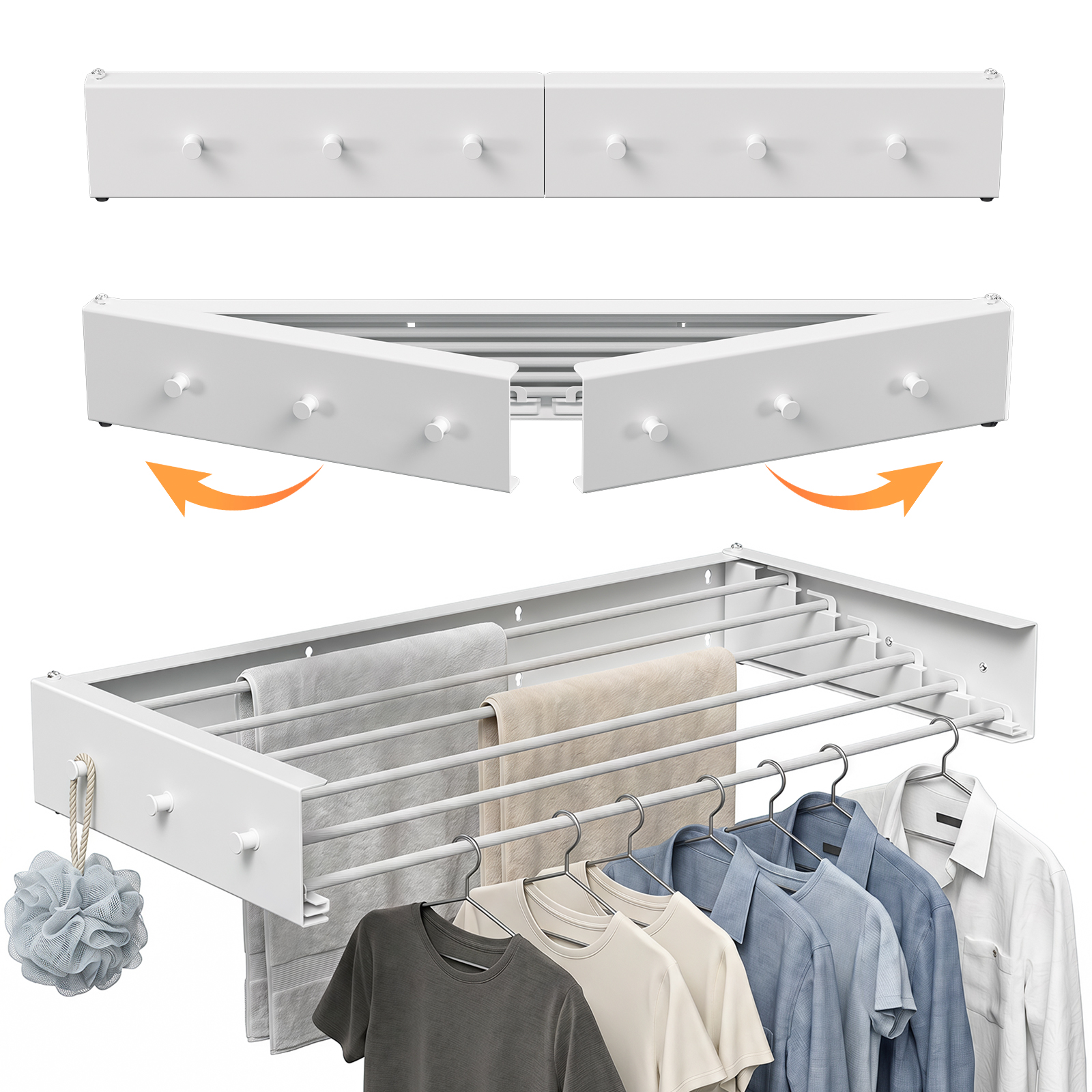Jiubiaz Wandtrockner Klappbar 100 Cm, Wand-wäscheständer Für Balkon, Terrasse & Innenbereich, Rostbeständige Beschichtung, Wetterfester Wandtrockner 6 Stangen, 30 Kg Tragkraft, Weiß