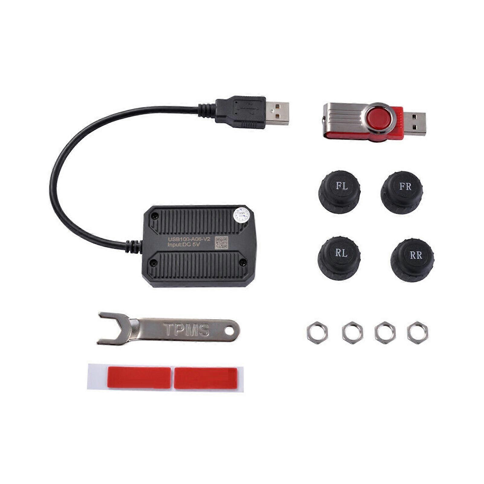Kabelloses Usb-android-reifendruckkontrollsystem (tpms) Mit Spannungsüberwachung Und Alarm Für Android-navigation, 4 Externe Sensoren Und Echtzeitanzeige