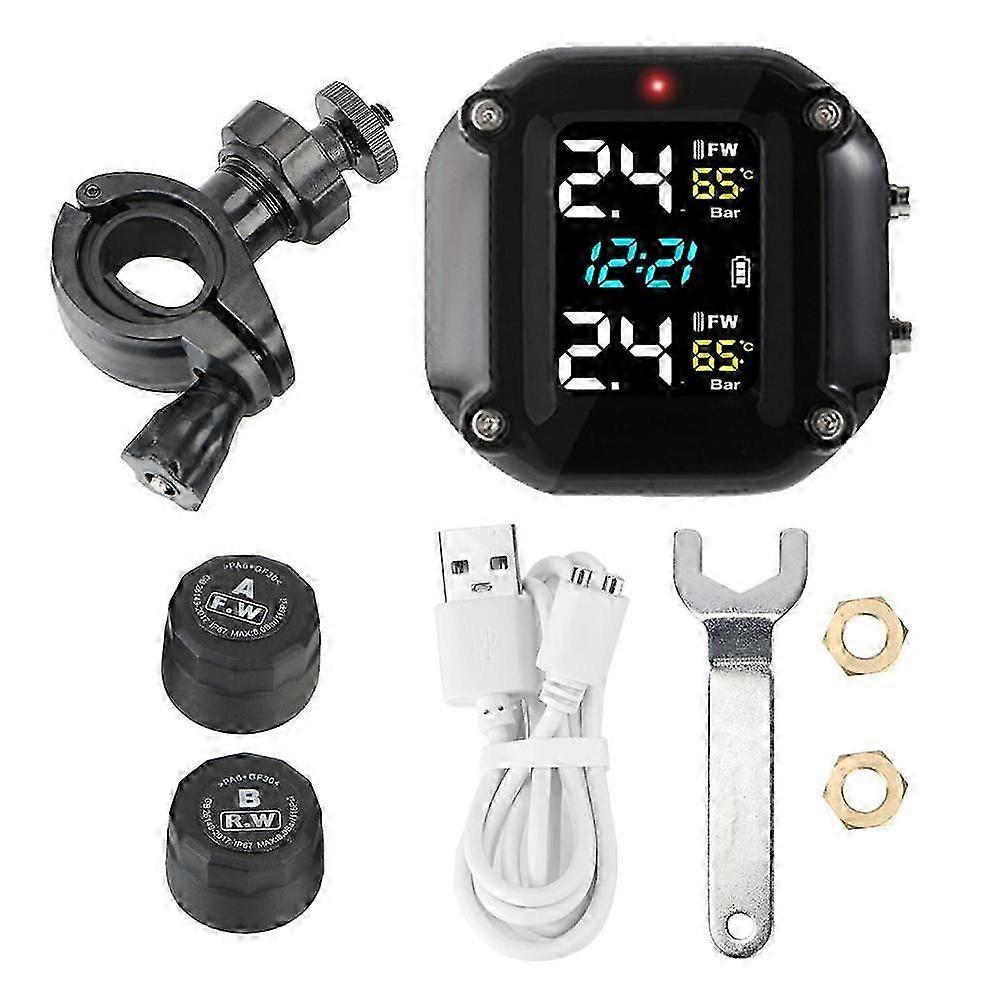 Motorrad-reifendruckkontrollsystem (tpms) Mit 2 Externen Sensoren, Usb-ladegerät, Reifentemperaturalarm-kit – Universelles Zubehör Für Motorräder Und Fahrräder