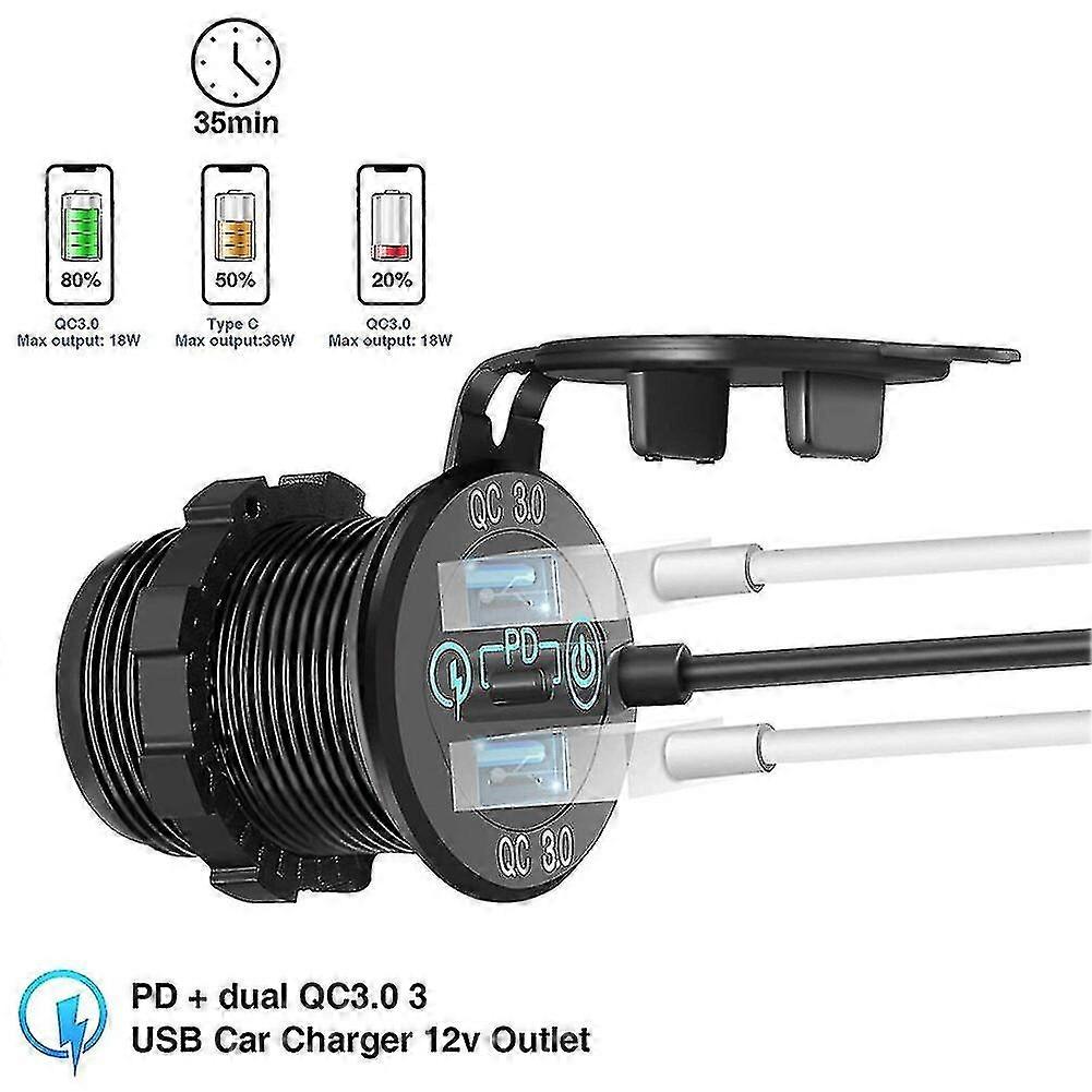 12v/24v Dreifach-kfz-ladegerät Aus Aluminium, 60w Usb-c, Mehrfach-ladebuchse, Pd3.0, Zwei Qc3.0-anschlüsse, Mit Touch-schalter, Schnellladefunktion