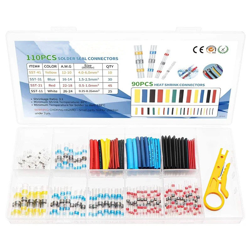 110-teiliges Set Wasserdichter Elektrischer Steckverbinder Mit Schrumpfschlauch, Isolierte Lötösen (rot, Blau, Weiß, Gelb) Und Crimpzange – Sortiertes Box-set Für Kfz-reparaturen Und Verkabelung-lsw