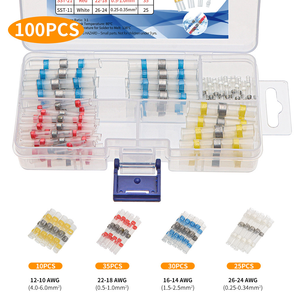 100-teiliges Set Wasserdichter Elektrischer Steckverbinder Zum Löten Mit Schrumpfschlauch, Crimpfreie Klemmen Für Die Reparatur Von Autokabeln, Sortierte Farben (weiß, Rot, Blau, Gelb)-lsw