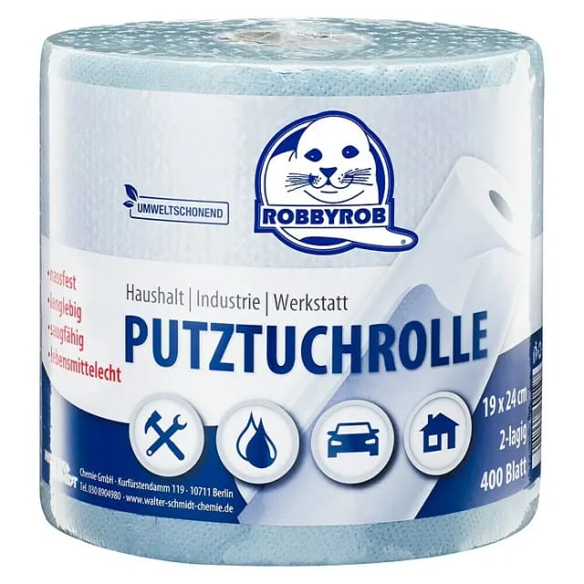 Robbyrob Putztuchrolle Cellulose Blau 2-lagig 19x24 cm 400 Blatt