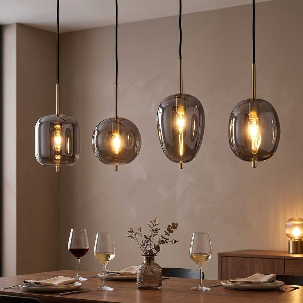 Led Hängeleuchte Pendelleuchte Esszimmerlampe 4-flammig Messing Glas H 120 Cm