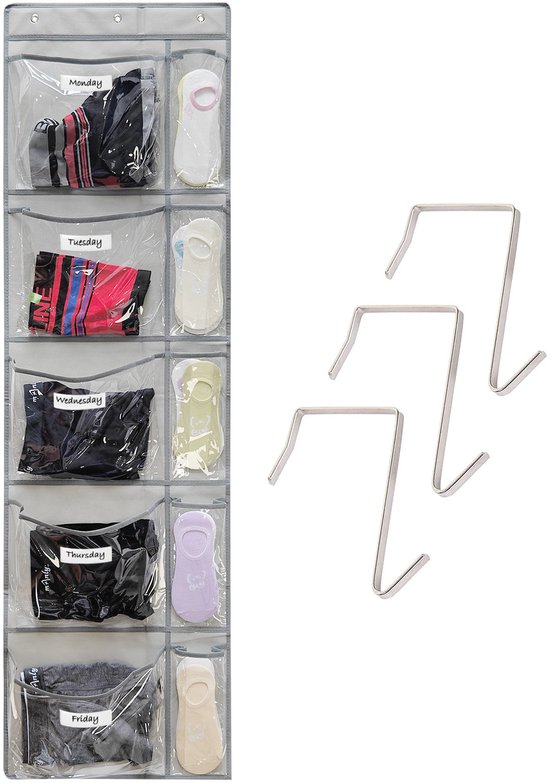 Kleiderorganizer – Wochenplaner – Kinderkleiderschrank – Transparente Taschen – 5 Taschen – Grau