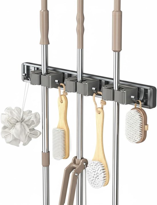 Besen- Und Mopphalter – Organizer Mit Haken – Platzsparend – Verstellbarer Verschluss – 3 Halterungen, 4 Haken – Grau