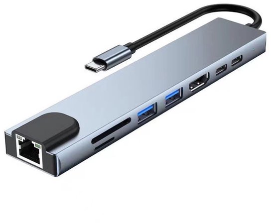 8-in-1 Usb-c-hub – Ethernet – 4k Hdmi – 100 W Pd – Grau