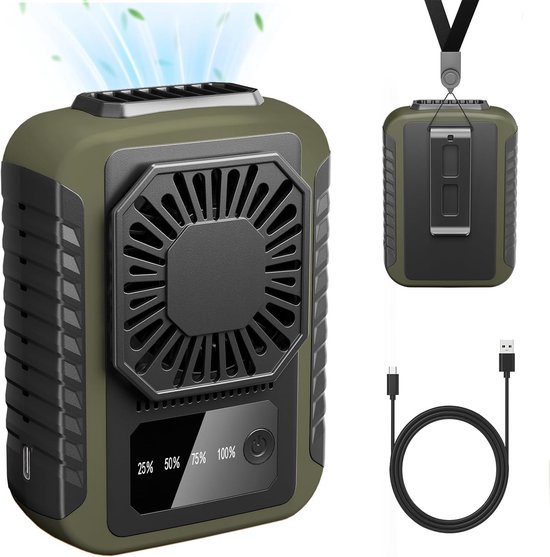 Tragbarer Hüft- Und Nackenventilator, 6000 Mah Akku, 3 Kühlstufen, Usb-ladefunktion, 20 U/min Betrieb, Ideal Zum Wandern Und Campen, Grün