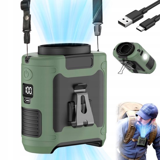 Hüftventilator，5-in-1 Mini-hüftventilator，10000 Mah & 40 Stunden Akkulaufzeit，led- Und Sos-notlicht，grün，doppelclip & Powerbank