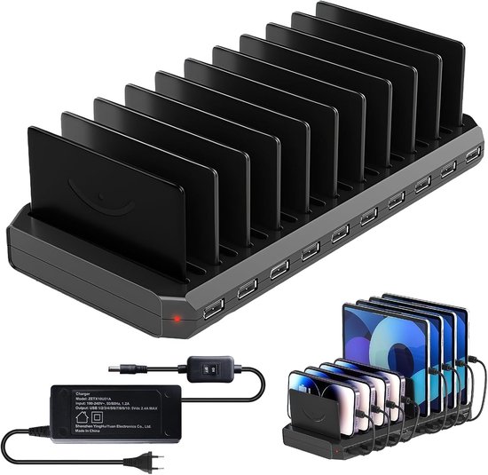 60-w-usb-ladestation Mit 10 Anschlüssen Für Mehrere Geräte，mehrfachladestation Mit Verstellbaren Trennwänden Und 1,5 M Langem Netzkabel