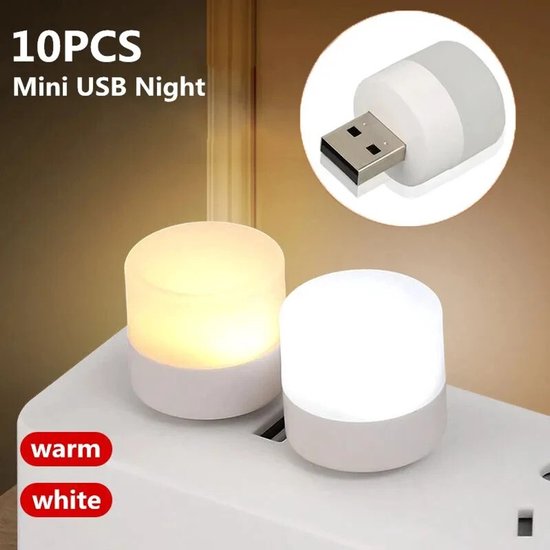 10-teiliges Usb-led-nachtlicht-mini-warmweißlicht Für Laptop, Powerbank Und Reisen - (5 Warmweiße Lichter + 5 Weiße Lichter)