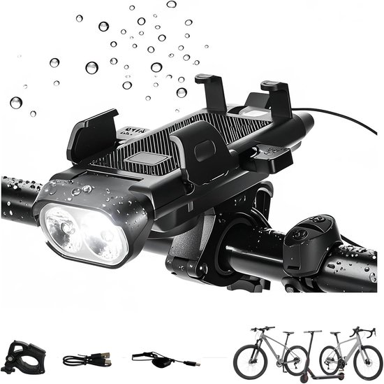 Fahrradlampe，fahrradbeleuchtung，4-in-1 Fahrrad-handyhalterung Mit Licht，hupe Und Usb-ladefunktion，500 Lumen，extrem Lange Akkulaufzeit，wasserdicht