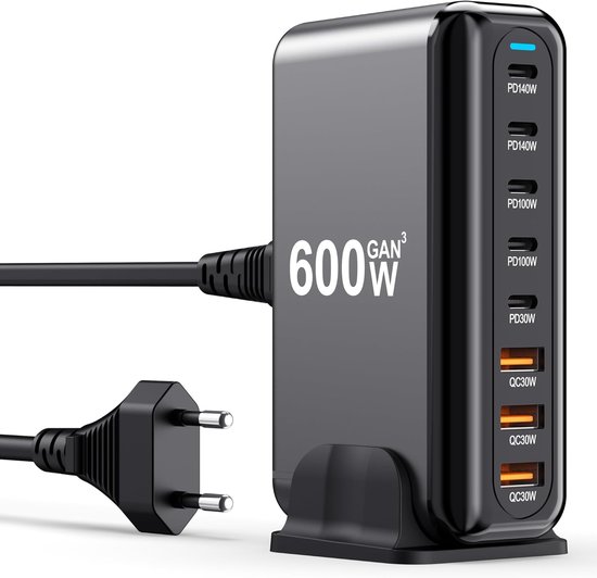 Usb-c-ladegerät Mit 600 W Und 8 Gan-anschlüssen，schnellladestation Für Laptops，iphone 17 Pro Max，galaxy S25，steam Deck Und Android