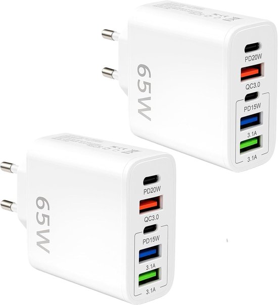 Usb-c-ladegerät，65 W，2 Stück，mehrfachladegerät Mit 5 Anschlüssen (2 Usb-c Pd 20 W/15 W + 3 Usb Qc 3.0)，15，14，13，12 Pro Max，kompakter Usb-stecker