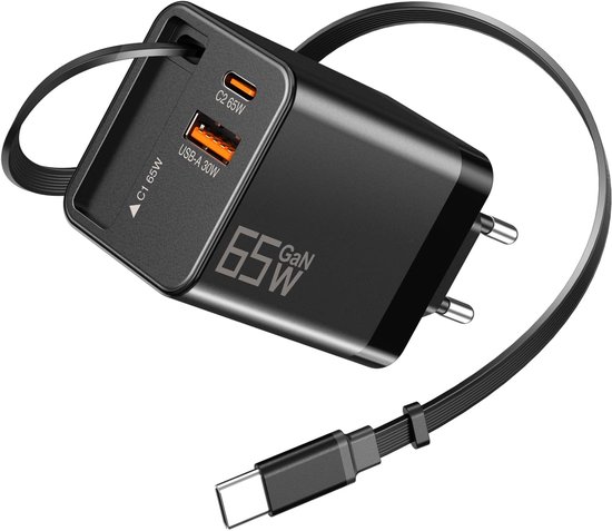 Usb-c-ladegerät Mit Einziehbarem Ladekabel (65 W)，netzteil (kabel Im Lieferumfang Enthalten)，3 Anschlüsse，schnellladefunktion. Ideal Für Reisen