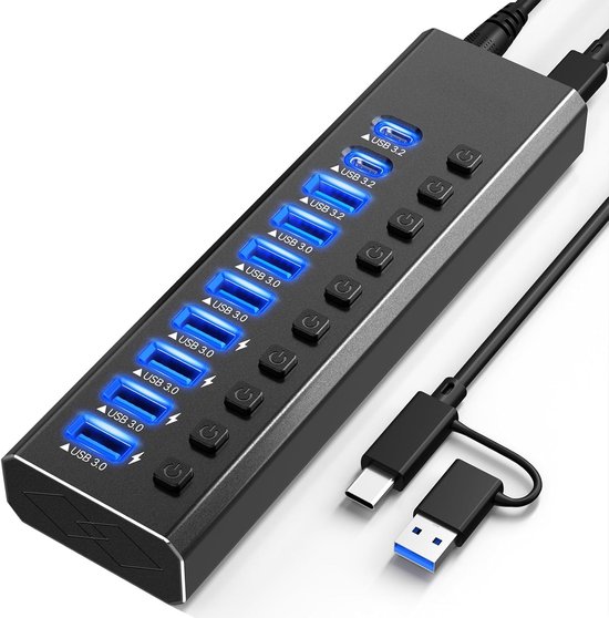 Dieser Selbstversorgende Usb 3.2-hub Verfügt Über 10 Usb 3.2/usb-c-anschlüsse (1 X 10 Gbit/s Usb-a 3.2-anschluss + 2 X Usb-c 3.2-anschlüs，1 X 10