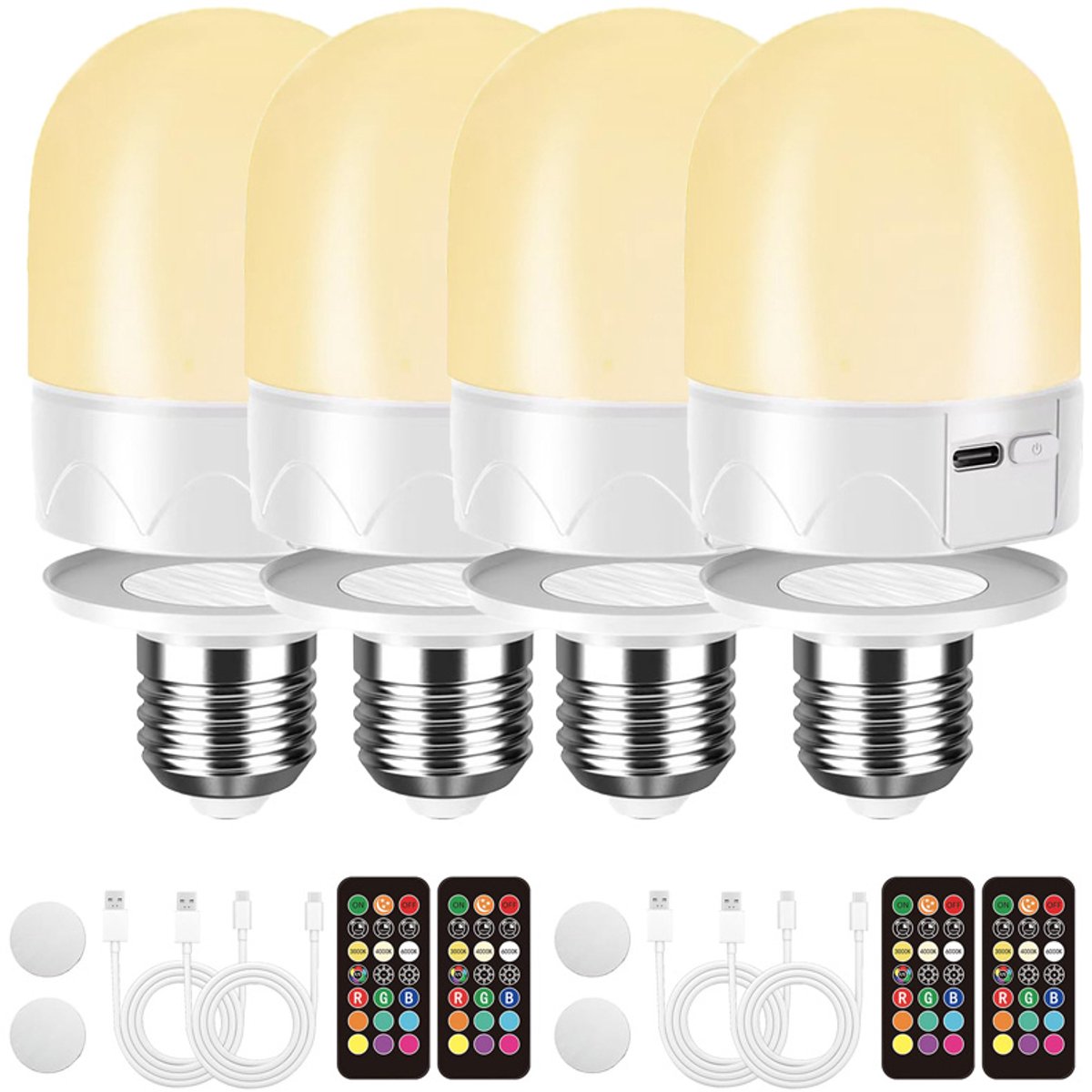 4 Wiederaufladbare Usb-glühbirnen Mit Fernbedienung, E27-batteriefassung, Wiederaufladbare Rgb-farbwechsellampe, 12 Farbtemperaturen, Dimmbar, 3 Timer, Kabelloses Nachtlicht, 800 Lm