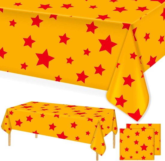 2-teiliges Partytischdecken-set (137 X 274 Cm), Wasserfest, Aus Kunststoff, In Leuchtendem Gelb Und Rot Mit Sternenmuster, Für Anime-mottopartys
