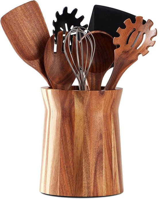 Küchenutensilienhalter – Besteckhalter Aus Holz Für Die Arbeitsplatte – 360° Drehbar – Akazienholz – 15 Cm Breit, 18,5 Cm Hoch – Groß