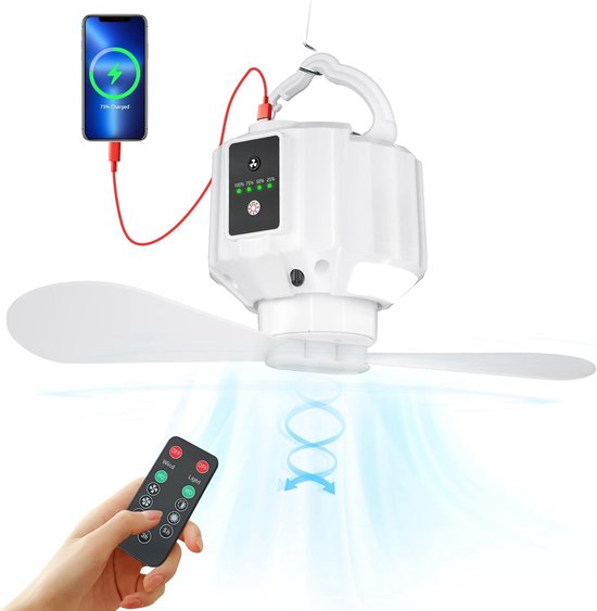 Campingventilator，wiederaufladbarer Usb-ventilator (5200 Mah)，mit Led-licht Und Aufhängehaken，3 Geschwindigkeitsstufen