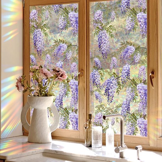 Stück Sichtschutzfolie Regenbogen-lila Blumen-fensteraufkleber 3d Dekorative Vinyl-fensteraufkleber Mit Buntglas-glyzinienblüten，45 X 100 Cm