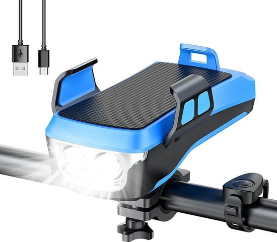 (blau) 4-in-1 Fahrradlichtleiste Mit Handyhalterung – Integriert Led-scheinwerfer, Powerbank Und Lautsprecher