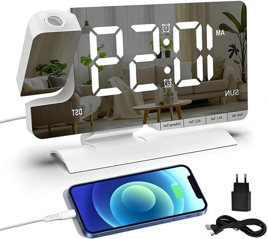 Digitales Projektionsradio Mit Wecker，usb-c-anschluss，dimmbarer Beleuchtung Und 11-farbigem Led-display Für Schlafzimmer Und Wanddekoration