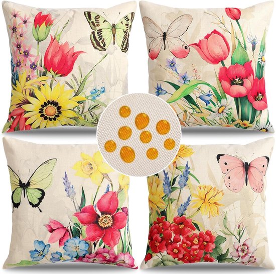 Outdoor-kissenbezüge，45 X 45 Cm，4er-set，mit Blumen- Und Schmetterlingsmotiven，bedruckte Kissenbezüge Im Landhaus- Und Boho-stil