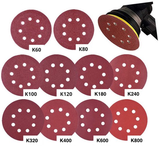 Schleifpapier，100 Stück，für Schleifmaschinen，8 Löcher，ø 125 Mm/5 Zoll，k60/80/100/120/180/240/320/400/600/800