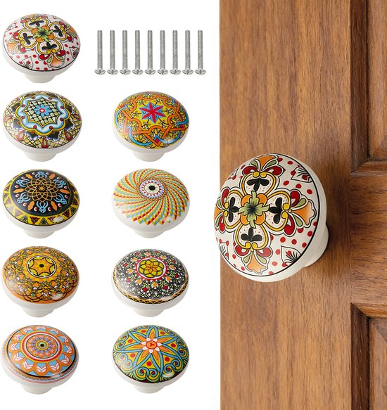 Keramikgriffe，9 Stück，3,9 X 3,9 X 2,8 Cm，handgefertigte Keramikknöpfe In Verschiedenen Farben，türgriffe Im Retro-look Mit Blumenmuster