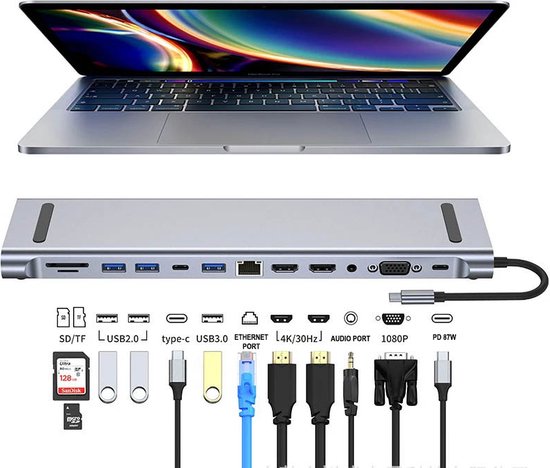 Usb-c-hub，12-in-1-dockingstation，usb-splitter，dual-4k-hdmi，2 Usb-a，usb-c，usb 3.0，100g-ethernet，geeignet Für Laptops