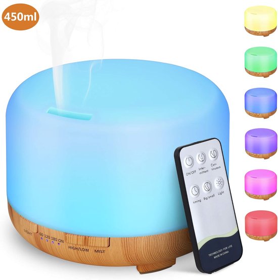 Aromadiffusor 450 Ml Mit Timer Und 7-farbiger Led-beleuchtung – Ultraschall-luftbefeuchter – Holzoptik