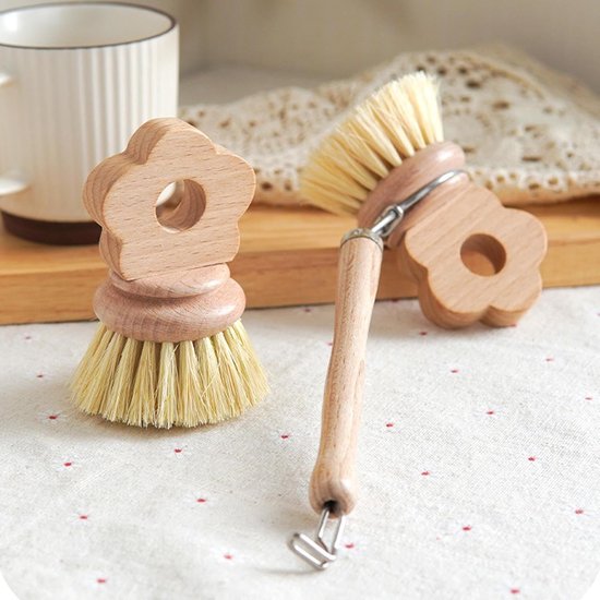 2 Küchenbürsten, Geschirrspülbürste, Ergonomische Holzbürste, Topfbürste, Multifunktionales Reinigungswerkzeug, Haushaltspfannenbürste