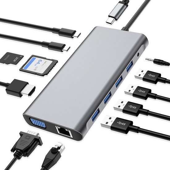 Usb-c-hub 12-in-1 Dockingstation – 4k Hdmi – Vga – Usb – Ethernet – Sd/tf – Aux